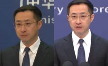 Due foto di Lin Jian, portavoce del ministero degli Esteri cinese